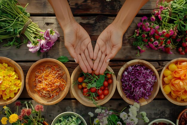 Mani che raccolgono pomodori di ciliegio su un tavolo rustico adornato con ciotole di fiori e vegetali tagliati freschi