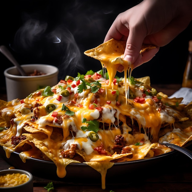 mani che raccolgono un nachos messicano con molto formaggio fuso