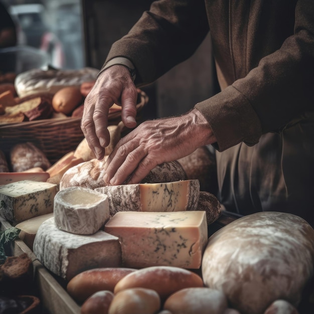 Mani che scelgono formaggi e pane in negozio in stile vintage