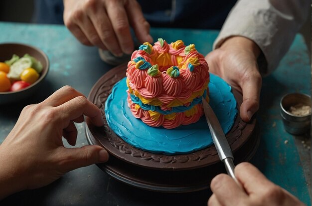 Mani che scolpiscono una replica di una torta di aspetto realistico di un cibo o di un oggetto preferito