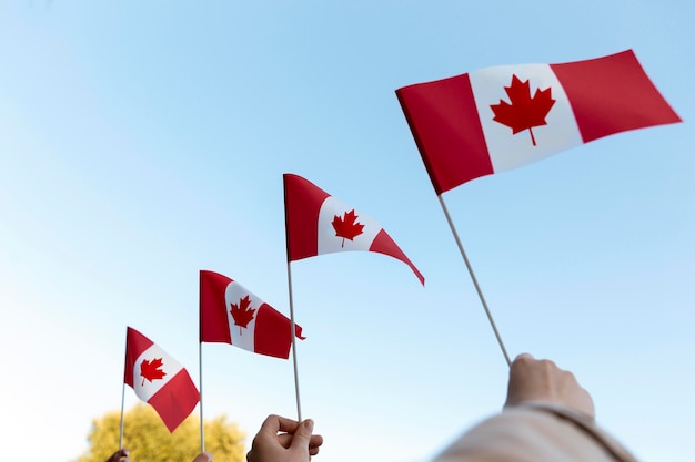 Mani che tengono bandiere canadesi contro il cielo