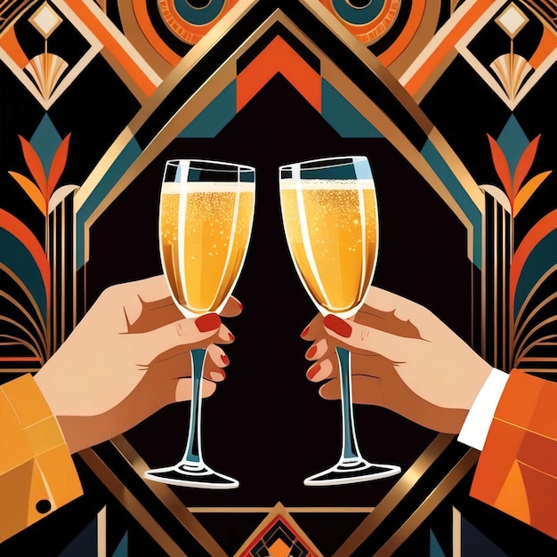 Mani che tengono bicchieri di champagne che brindano cheer in celebrazione vintage retro art deco illustrazione