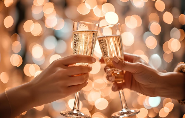 Mani che tengono bicchieri di champagne persone che applaudono con bicchieri su uno sfondo bokeh pastello