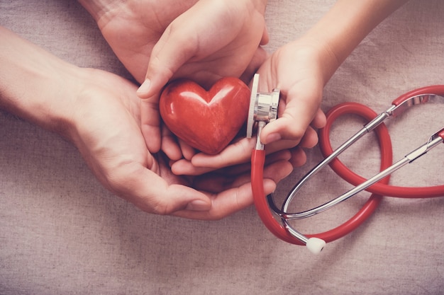 mani che tengono cuore rosso con lo stetoscopio, salute del cuore, concetto di assicurazione sanitaria