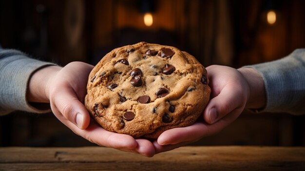 mani che tengono i biscotti con gocce di cioccolato