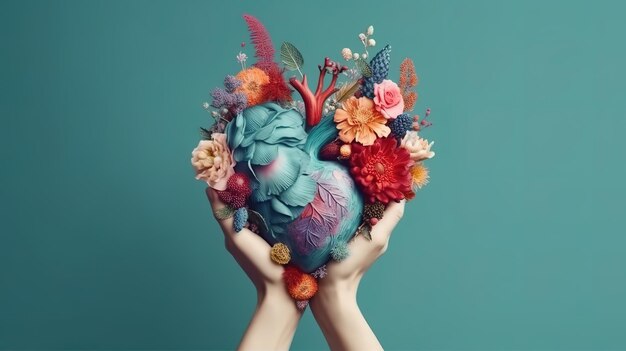Mani che tengono il cuore umano con i fiori Generativo Ai
