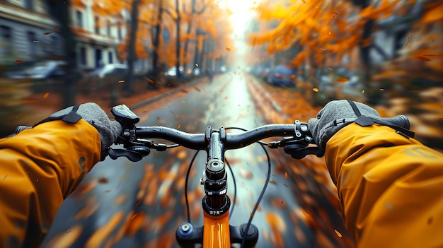 Mani che tengono il manubrio di una bicicletta mentre attraversano le strade della città