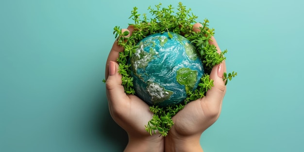 Mani che tengono il pianeta verde Terra globo con piante Concetto di conservazione ambientale e sostenibilità