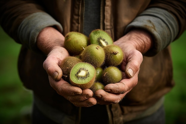 Mani che tengono kiwi appena raccolti in una piantagione generativa di Ai