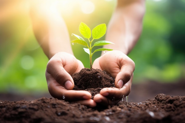 Mani che tengono la piantina verde nel suolo Cura dell'ambiente Concetto di ecologia La giovane pianta cresce alla luce del sole Piccolo germoglio in primavera