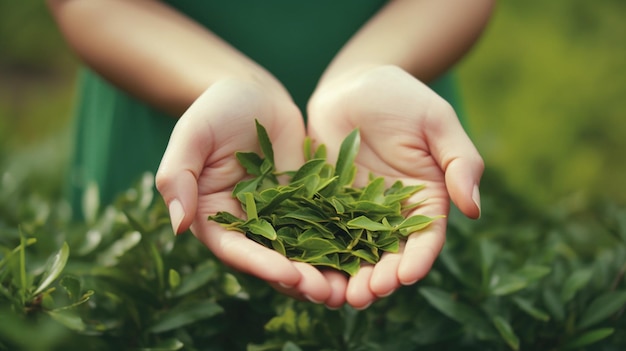 Mani che tengono le foglie di tè nel palmo delle mani