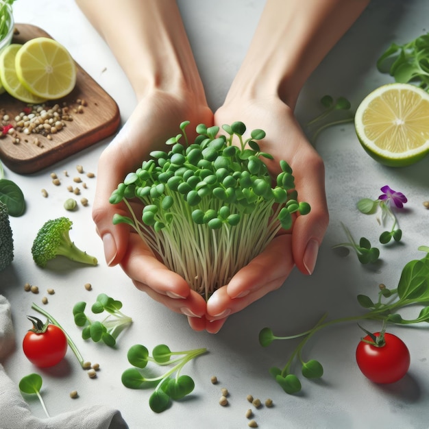 Mani che tengono microgreen su un tavolo da cucina leggero che raccolgono ingredienti per un'insalata