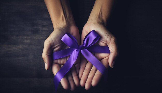 Mani che tengono nastri viola Malattia di Alzheimer Cancro del pancreas