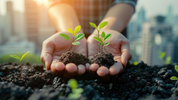 Mani che tengono piccoli alberi che crescono con una città e industrie sullo sfondo AI generativa