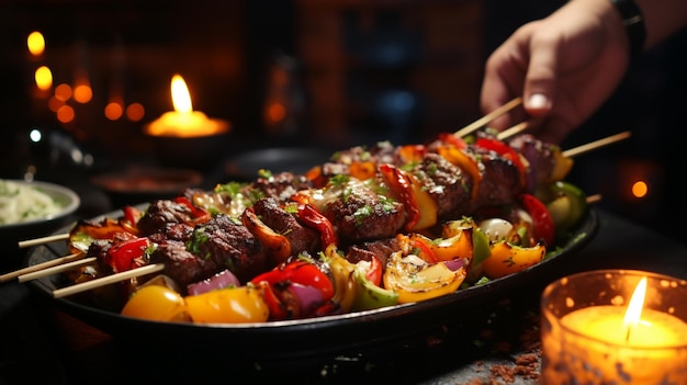 Mani che tengono shish kebab con campana colorata servita con ayran e sottaceti