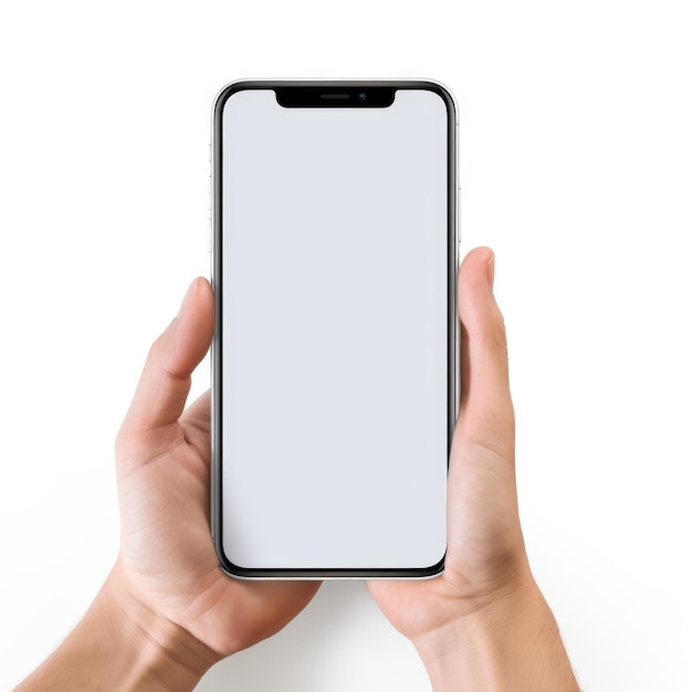 Mani che tengono smartphone nero con mockup schermo bianco vuoto isolato su sfondo bianco Telefono con design moderno senza cornice per app e pubblicità di siti Web