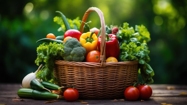 Mani che tengono un cesto di verdure appena raccolte in primo piano