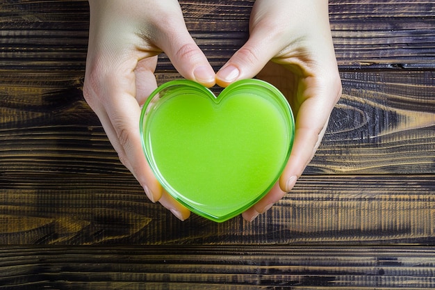 Mani che tengono un cuore tagliato su un bicchiere di succo di mela che significa amore per le bevande sane