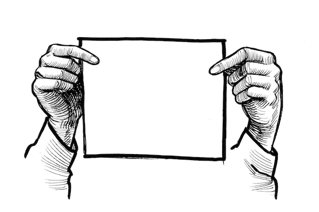 Mani che tengono un foglio di carta bianco. Inchiostro disegno in bianco e nero