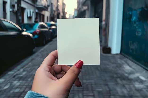 mani che tengono un foglio di carta bianco sullo sfondo della strada della città Mockup