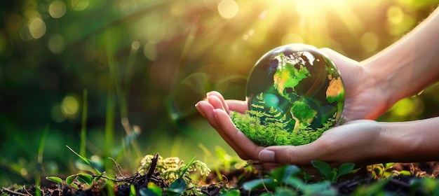 Mani che tengono un globo di vetro in una foresta verde concetto ambientale della Giornata della Terra