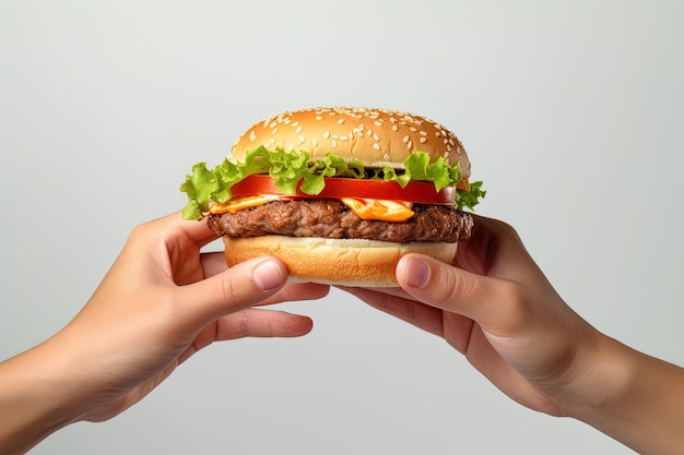 Mani che tengono un hamburger isolato su sfondo bianco