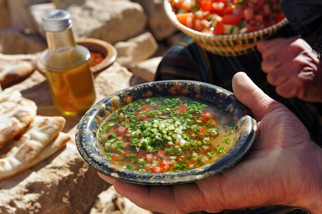 Mani che tengono un piatto di cibo arabo