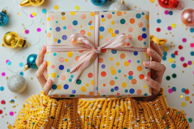 mani che tengono un regalo di compleanno sfondo bianco AI generato