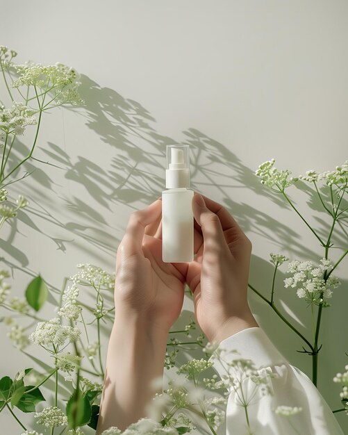 Mani che tengono una bottiglia di spray per la cura della pelle con fiori bianchi sullo sfondo concetto di bellezza cosmetica organica