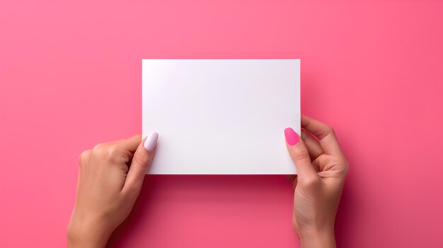 Mani che tengono una carta bianca vuota su uno sfondo rosa vibrante Simple design minimalista per marketing e annunci Perfetto per messaggi AI