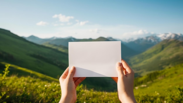 Mani che tengono una carta bianca vuota sullo sfondo di un paesaggio panoramico estivo con montagne e cielo blu soleggiato Concetto di layout per invito di viaggio di cartolina generato da AI