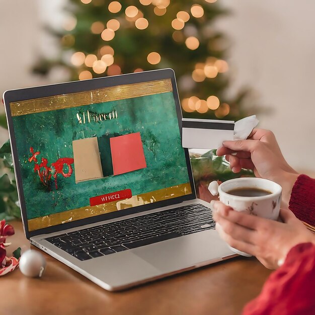 Mani che tengono una carta di credito su un portatile in mezzo a decorazioni natalizie per lo shopping natalizio online
