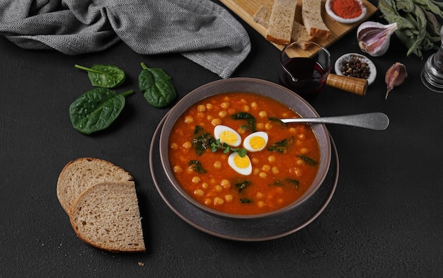 Mani che tengono una ciotola con Potaje de vigilia Stufato di ceci con spinaci e uova su bakground scuro Tipico cibo spagnolo per le vacanze di Pasqua vista dall'alto