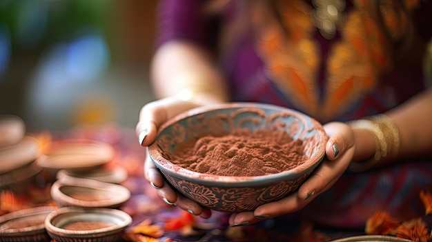Mani che tengono una ciotola di argilla con spezie Tradizionale mercato asiatico o arabo immagine generata dall'AI