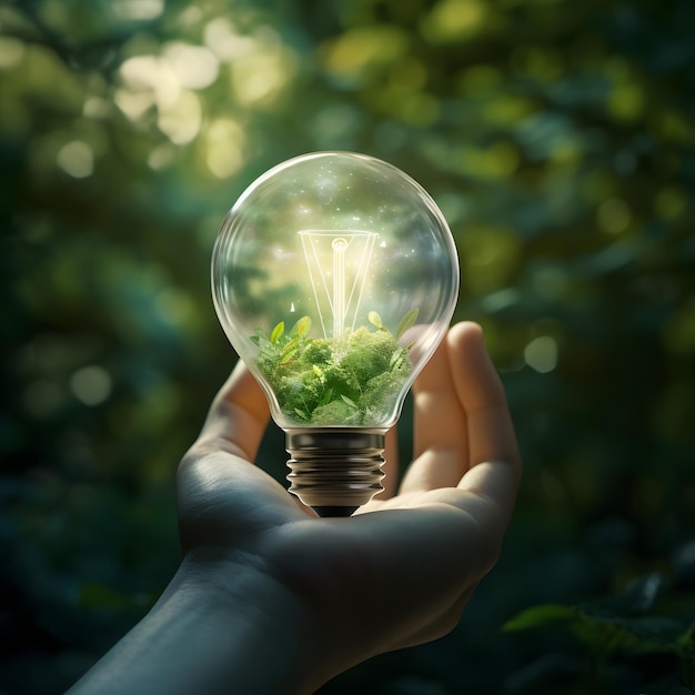 Mani che tengono una lampadina eco-friendly con un giardino in miniatura all'interno Generative AI