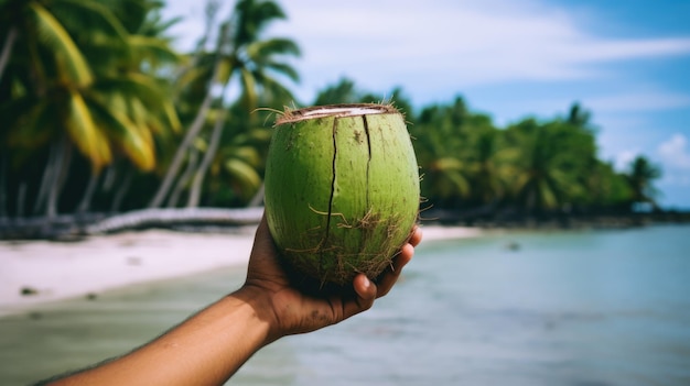 Mani che tengono una noce di cocco verde con la paglia sulla spiaggia AI generativa