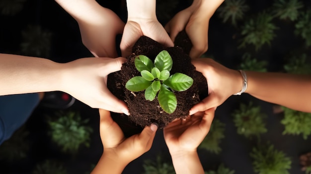 Mani che tengono una pianta nel terreno con sopra la parola verde