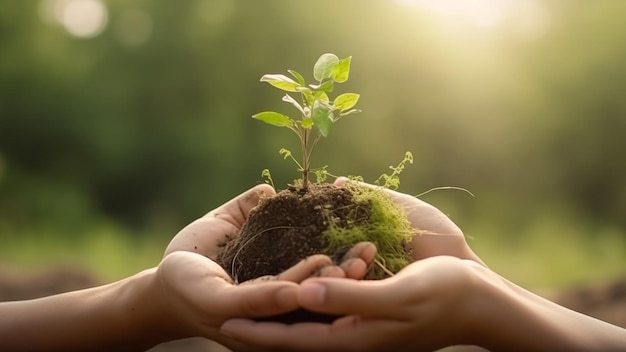 Mani che tengono una piccola pianta con sopra la parola albero