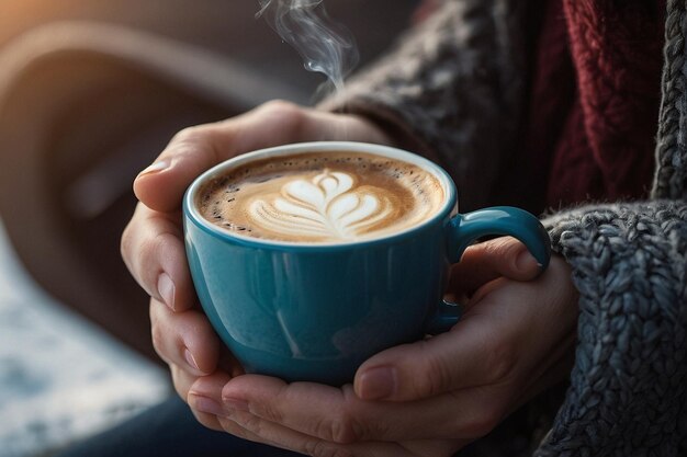 Mani che tengono una tazza di caffè calda in una mattina fredda