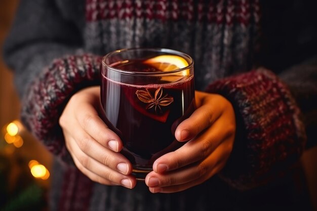 Mani che tengono una tazza di vin brulè caldo primo piano