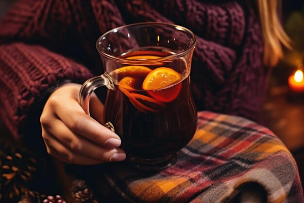 Mani che tengono una tazza di vin brulè caldo primo piano