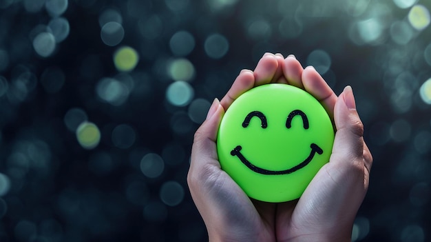 Mani che tengono verde sorriso felice faccia buona valutazione di feedback e recensioni positive dei clienti IA generativa