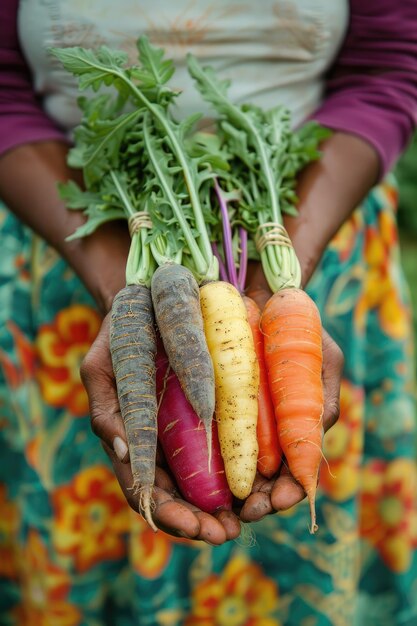 Mani che tengono verdure appena raccolte da un mercato di agricoltori locali