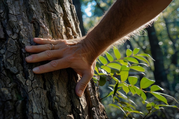 Mani che toccano il tronco di un grande albero nella foresta AI generativa