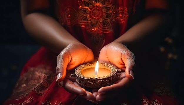 mani chiuse bella ragazza indiana vicino a una candela durante Diwali in India