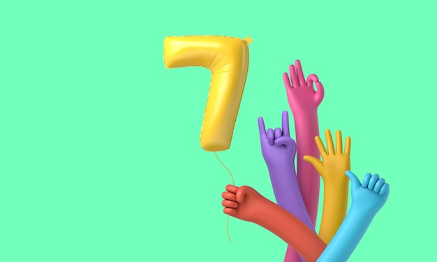 Mani colorate che tengono un felice 7° compleanno palloncino 3D Rendering