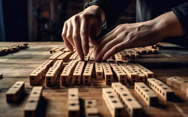 Mani con domino in legno davanti a un tavolo