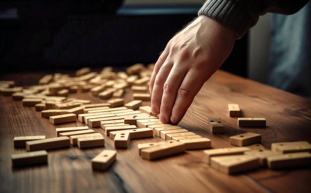 Mani con domino in legno davanti a un tavolo