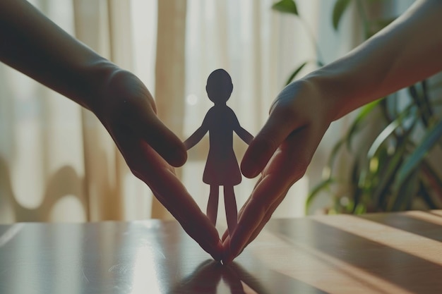 Mani con silhouette di carta tagliata sul tavolo concetto di cura familiare
