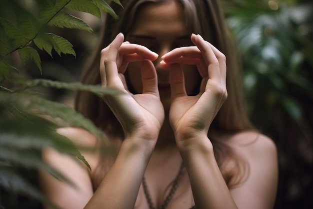 Mani cuore e punto con una donna in natura per la cura dell'amore o la compassione creata con l'IA generativa